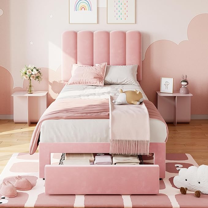 IDEALHOUSE Twin Bed Frame with Storage Drawer and Headboard, Velvet Upholstered Twin Platform Bed Frame for Girls, Strong Wooden Slats Support, Noise-Free, Easy Assembly (Pink)