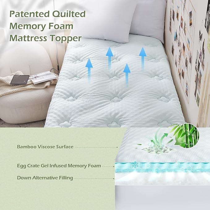 Hansleep Twin Mattress Pad Topper Memory Foam, Twin Foam Mattress Topper Viscose Derived from Bamboo, Twin Size Bed Mattress Pad Cover for Back Pain Relief, 39" x 75", White