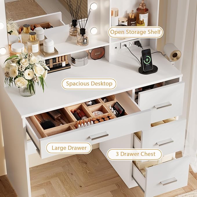 Furmax Vanity Desk with LED Lighted Mirror&Power Outlet, 39.3’’ Makeup Vanity Table with 4 Drawers and 3 Storage Shelves, Adjustable 3 Lighting Colorfor Bedroom&Dressing Room (White)