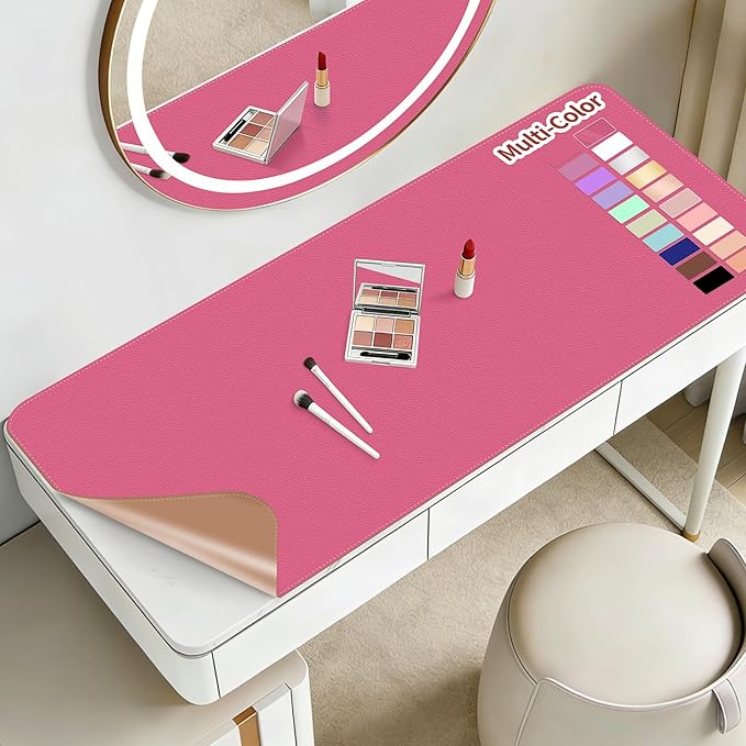 Makeup Mat for Vanity to Protect Desk Top 23.6 x 11.8 in, Dual-Sided Makeup Mat, Easy to Clean Desk Pad - Waterproof and Oilproof Vanity Accessories (Hot Pink and Khaki)