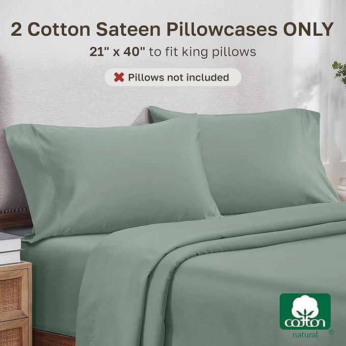 California Design Den King Size Pillow Cases Set of 2 - Luxuriously Soft and Thick 800 Thread Count, Smooth Sateen, Natural 100% Cotton Pillow Cases King, Durable - Sage Green