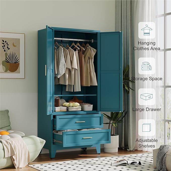 Baborokic Metal Wardrobe Cabinet with Hanging Rod, 71" Armoire Wardrobe Closet with 2 Drawers,Farmhouse Metal Clothing Storage Cabinets with Door and Adjustable Shelves for Bedroom,Laundry Room(Blue)