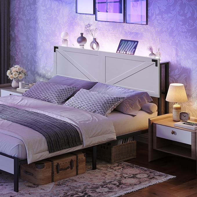 MAHANCRIS Queen Size Headboard Only, Headboard with 2 Outlets and 2 USB Ports, Farmhouse Headboard, with LED Lights, Secure Storage with Raised Fence, with Bed Frame Adapter, White and Black
