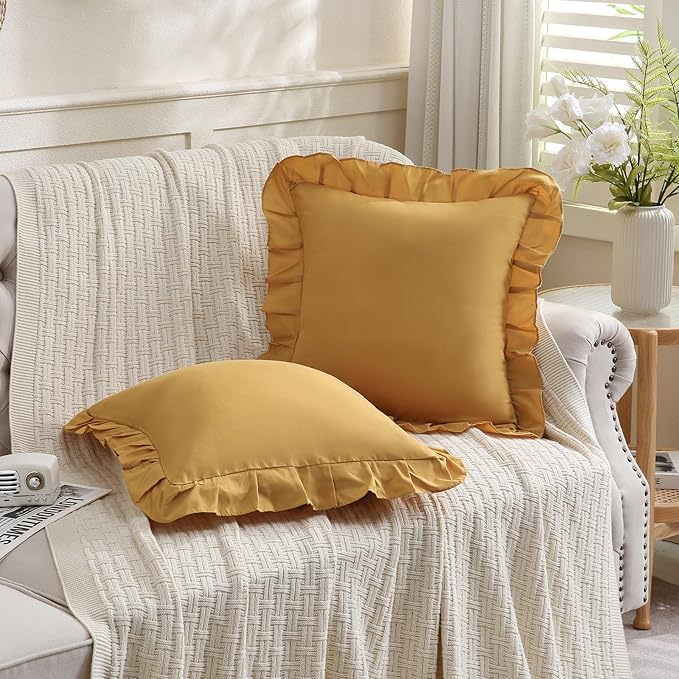 Merryword Mustard Yellow Pillowcases 18x18 Throw Pillow Covers Pack of 2 Soft Microfiber Ruffle Decorative Pillowcase Cushion for Couch Sofa Bedroom