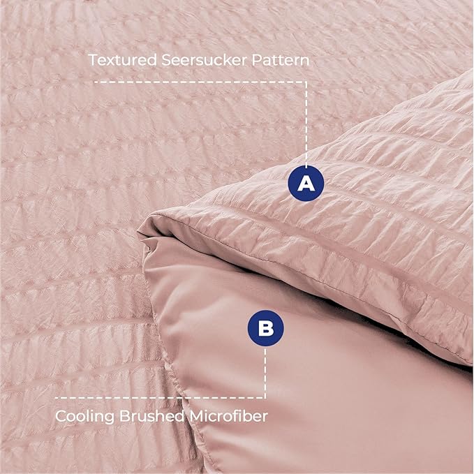 HYMOKEGE Rose Gold Queen Comforter Set Seersucker 7 Pieces, All Season Luxury Bed in a Bag for Bedroom, Bedding Set with Comforters, Sheets, Pillowcases & Shams