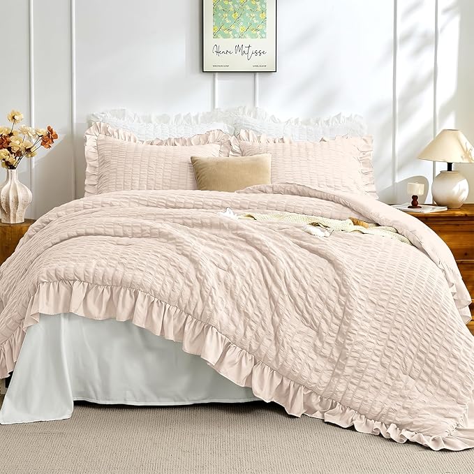 JOLLYVOGUE Beige Twin Size Comforter Set, 2 Pieces Seersucker Lightweight Fluffy Bedding Set, Twin Ruffle Comforter, All Season Soft Microfiber Shabby Chic Bed Set