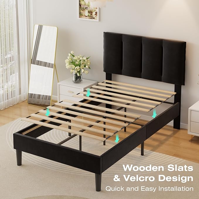 VECELO Twin Size Bed Frame with Upholstered Headboard, Heavy-Duty Bedframe with Wooden Slats & Steel Framework, Easy Assembly, Velvet & Black