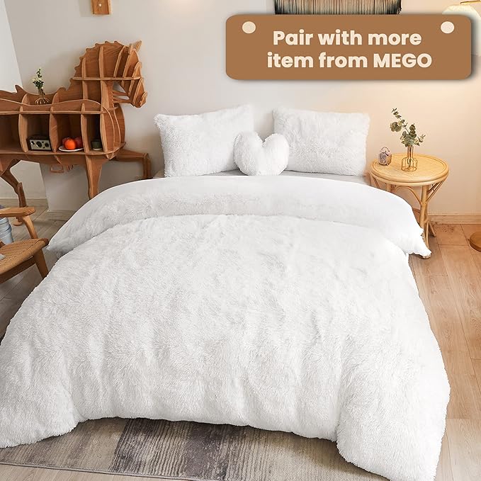 MEGO Luxury Fluffy Body Pillow Cover, 20x54 Shaggy Faux Fur Body Pillow Case, White Soft Plush Fuzzy Body Pillowcase, Decorative Furry Long Bed Pillow with Zipper Closure Hug Pillow for Bedroom White