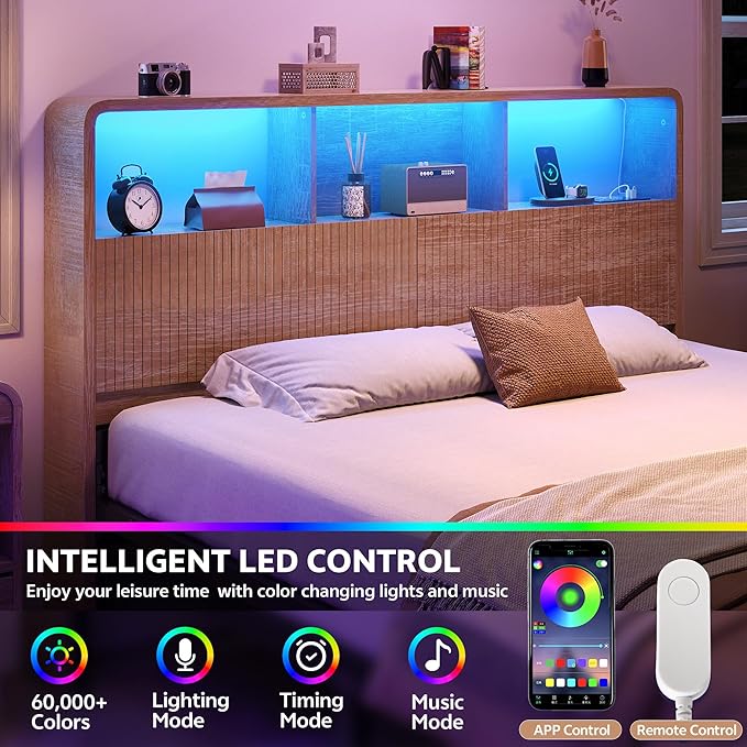 Headboard Queen Size, 63" Wide Wooden Queen Headboard Only, Modern Farmhouse Head Board with Outlets & USB Ports, Wall Mounted Headboards with Color-Changing LED Lighting, Natural