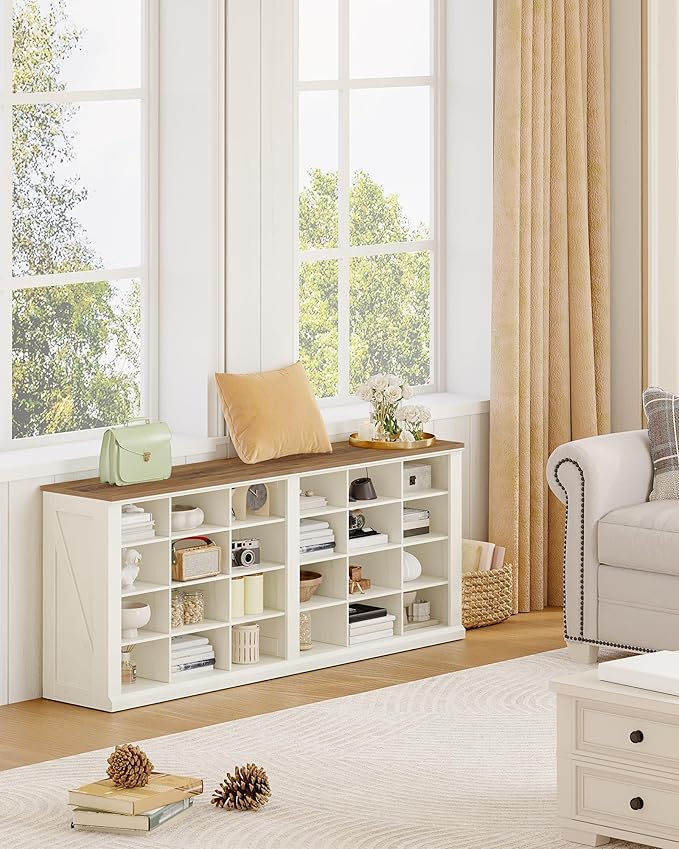 Hzuaneri Farmhouse Shoe Storage Bench, Entryway Shoe Cubby Bench, Widened Wooden Shoes Cubbies with Compartments, Shoes Rack Benchs for Cloakroom, Entryway, Antique White SB52514B