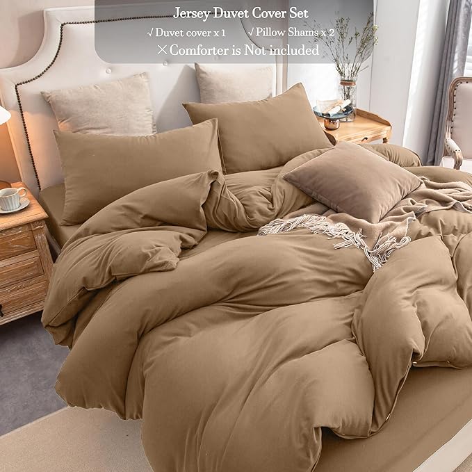 PURE ERA Jersey Knit Duvet Cover Set 100% T-Shirt Cotton Super Soft Comfy 3pc Bedding Set with Zipper Closure (Solid Toffee Brown, Queen)