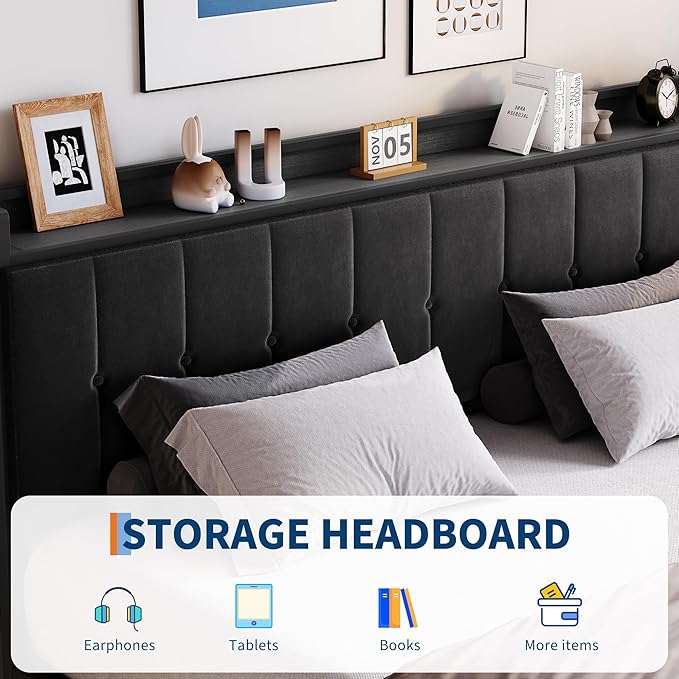 Garvee King Size Lift Up Storage Bed, Upholstered Velvet Bed Frame with Storage Headboard, Metal Platform Bed, No Box Spring Needed, Noise Free, Black