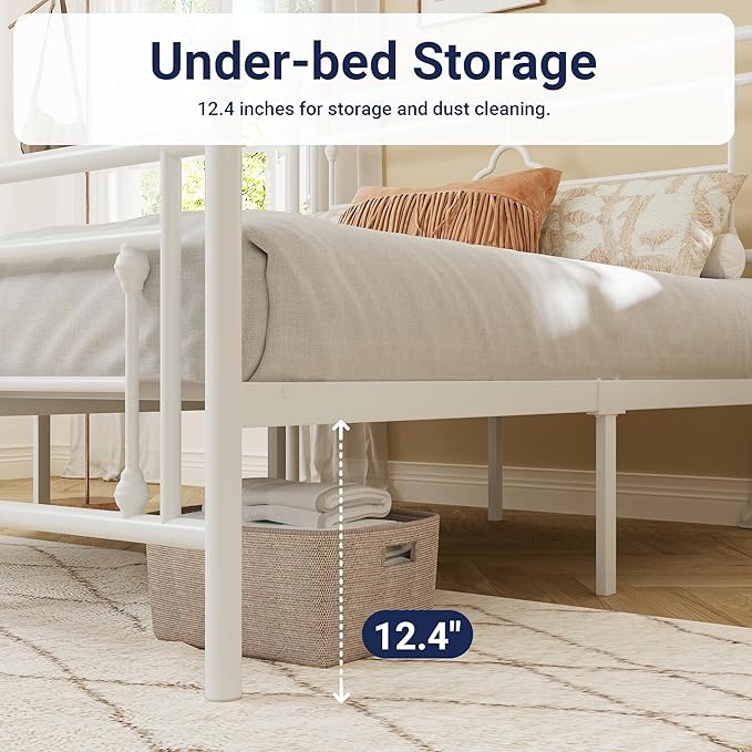 Allewie Queen Size Metal Platform Bed Frame with Victorian Vintage Headboard and Footboard/Mattress Foundation/Under Bed Storage/No Box Spring Needed/Noise-Free/Easy Assembly, White