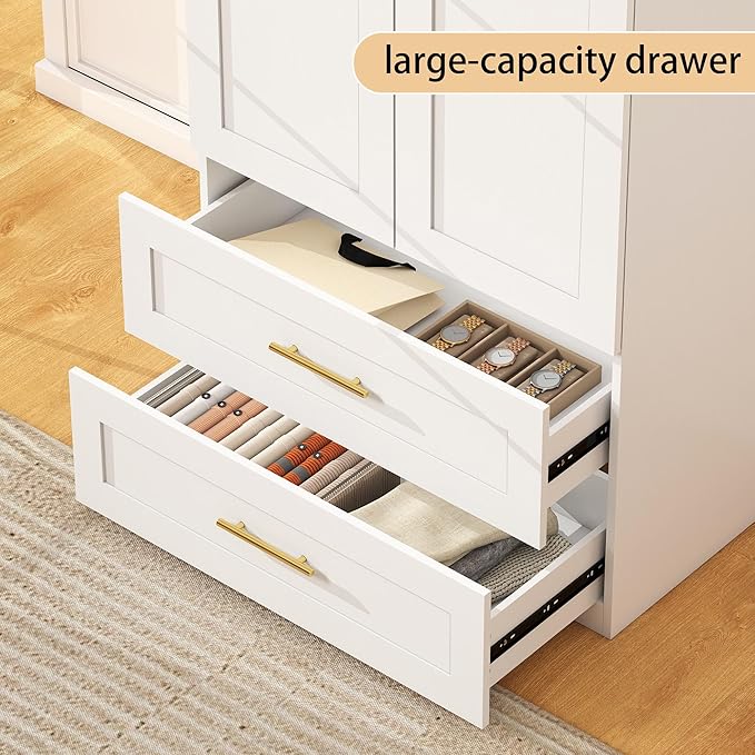 White Wardrobe with 2 Doors: 75" Tall Armoire Wardrobe Closet with 2 Drawers, Bedroom Closet Cabinet for Hanging Clothes, Wooden Storage Armoire with Shelves (Contemporary, 3)
