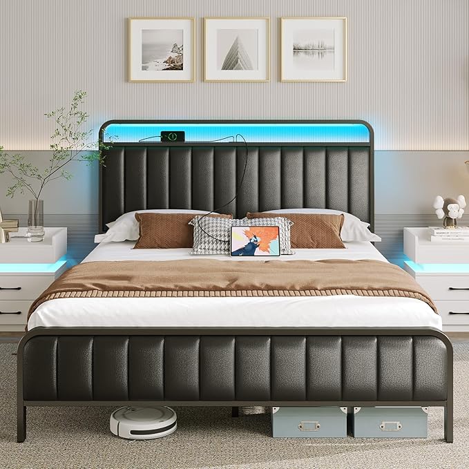 Rolanstar Queen Size Bed Frame with LED Light and Charging Station, Upholstered Headboard and Footboard, Metal Slat, Noise Free, Easy Assembly, Black