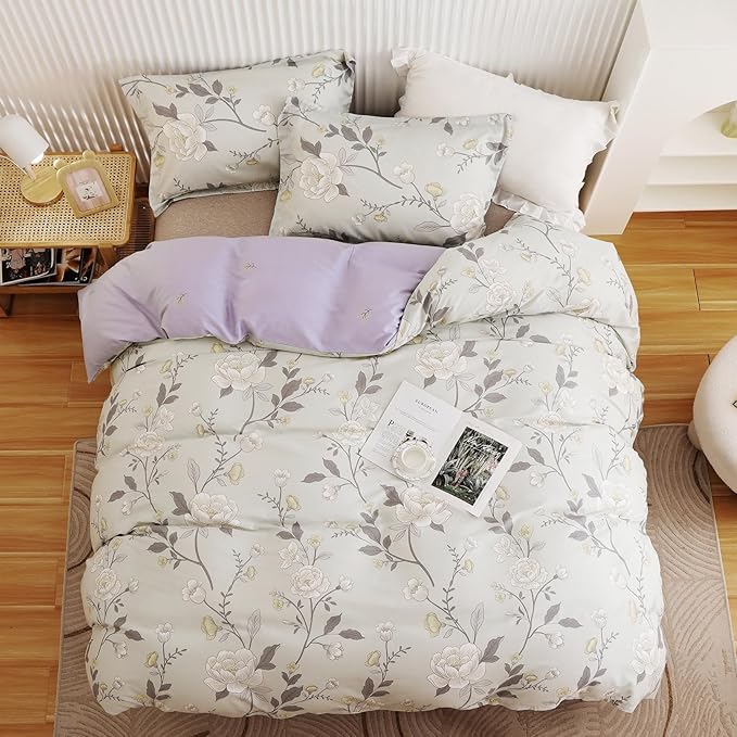 OAITE Duvet Cover Queen Size - 100% Cotton Comforter Cover Floral Duvet Cover Sets 3-PC, Breathable Duvet Cover with Zipper Closure & Corner Ties