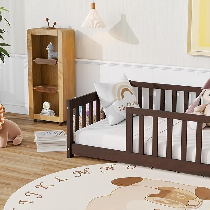 Bellemave Twin Floor Bed with Slats and Safety Guardrails, Twin Size Montessori Floor Bed with Fence and Without Door, Easy Assemble Montessori Beds Frame for Girls, Boys, Pink Espresso