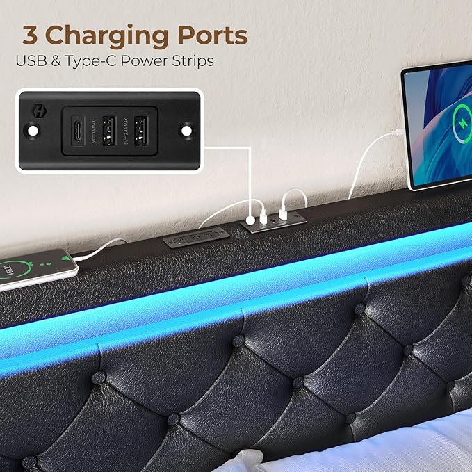 Rolanstar Twin Bed Frame with Charging Station, LED Bed with Under Bed Storage, Adjustable Headboard 38.9/40.8 Inches, No Box Spring Needed, Noise Free, Easy Assembly, Black