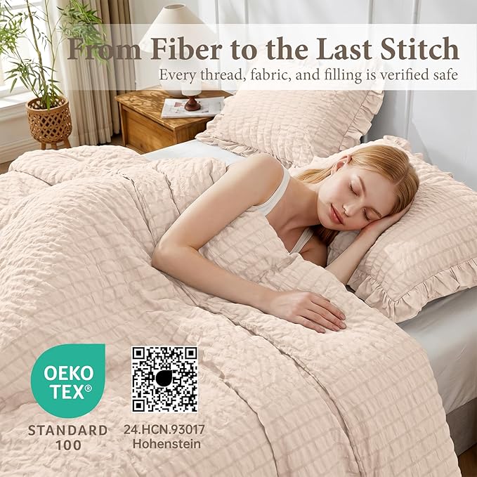 JOLLYVOGUE Beige King Comforter Set, 3 Pieces Seersucker Comforters King Size, Lightweight & Fluffy Bedding Sets for All Season with 1 Ruffle Comforter and 2 Ruffle Pillowshams