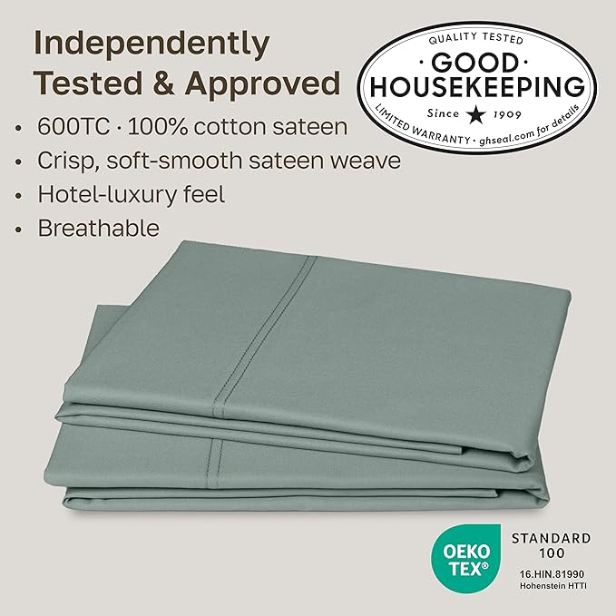 CALIFORNIA DESIGN DEN Luxuriously Soft Hotel Quality 600 Thread Count, 100% Cotton Set of 2 Cases, Crisp & Cool King Pillow Cases 2Pc, Set of 2, Fits King Pillows (Sage)