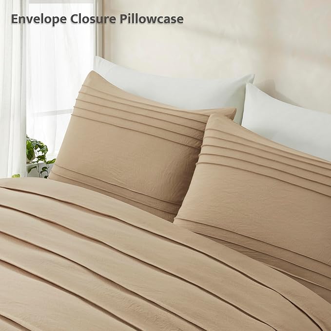Oli Anderson Khaki Duvet Cover Queen Size - Pleated Queen Duvet Cover, 3PCS Soft and Breathable Textured Bedding Set with Zipper Closure(Khaki,90"x90")