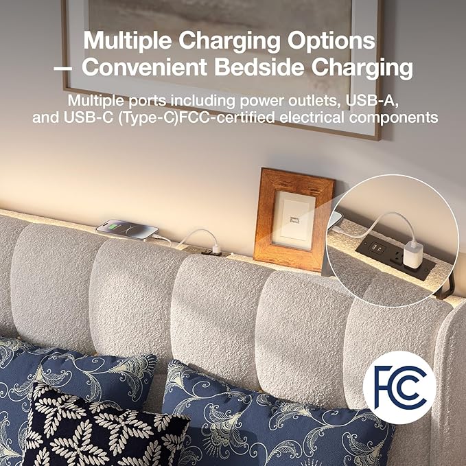 Novilla Full Size Bed Frame with Charging Station & LED Lights, Upholstered French Luxury Platform Bed with Wingback Headboard, Lamb Wool Fabric, No Box Spring Needed, Easy Assembly, Cream White