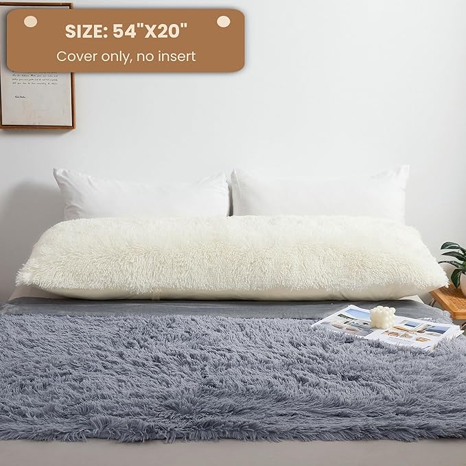 MEGO Fluffy Body Pillow Cover, 20x54 Shaggy Faux Fur Body Pillow Case, Ivory Comfy Plush Fuzzy Body Pillowcase, Furry Long Throw Bed Pillow Cover with Zipper for Adults Women Side Sleeper Cream Beige