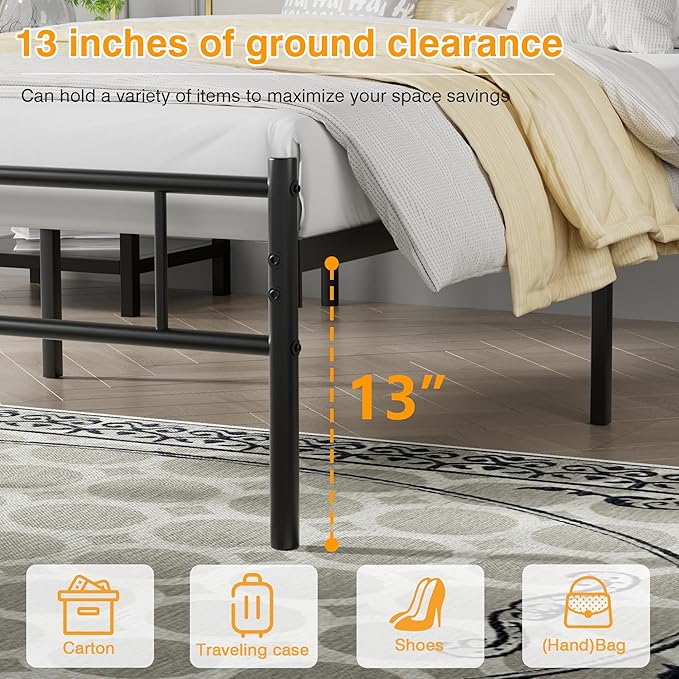 VECELO Full Bed Frame with Headboard and Footboard, 14 Inch Metal Platform Mattress Foundation, Sturdy Premium Steel Slat/No Box Spring Needed