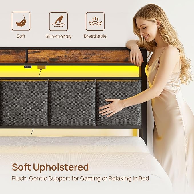 Rolanstar Bed Frame Full Size with Charging Station and LED Lights, Upholstered Storage Headboard with Drawers, Heavy Duty Metal Slats, No Box Spring Needed, Easy Assembly, Rustic Brown