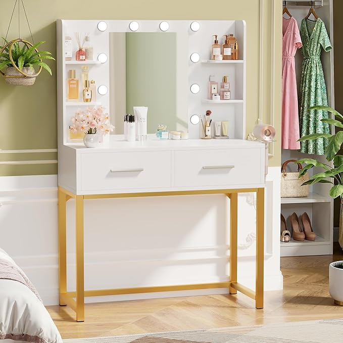 YESHOMY Vanity Desk with Mirror, Makeup Table with 2 Large Drawers, Power Outlet and Round Holder, 3 Color Modes Adjustable Bulb, Milk White & Gold Frame