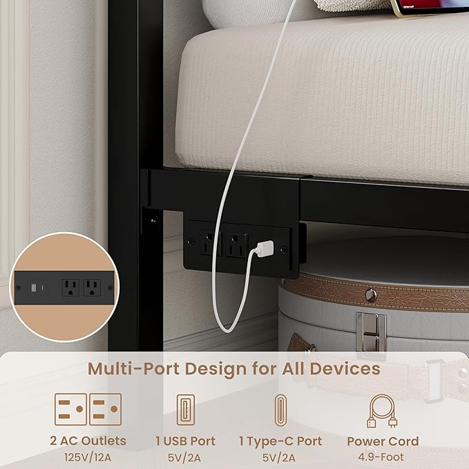LIKIMIO Twin Bed Frames with Storage Drawer, Charging Station and LED Lights, Twin Bed Frame with 43" Headboard, No Box Spring Needed, Easy Assembly for Teen Room, Small Apartment, Bedroom, Black