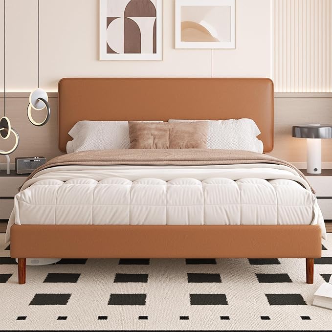 King Size Leather Platform Bed Frame with Adjustable Upholstered Headboard, Solid Wooden Legs, No Box Spring Needed, Easy Assembly, Noise Free, Orange-Brown