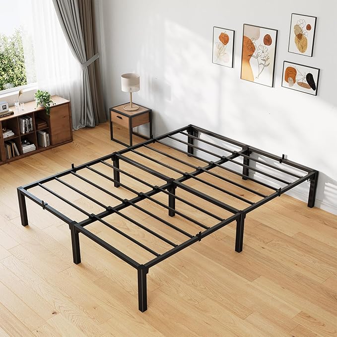16 Inch Queen Metal Bed Frame, Heavy Duty Metal Platform Bed Frame with Reinforced Slats Support, 800 Lbs Load Capacity, Noise Free, No Box Spring Needed and Screws , Tool-Free Assembly Bed Frame