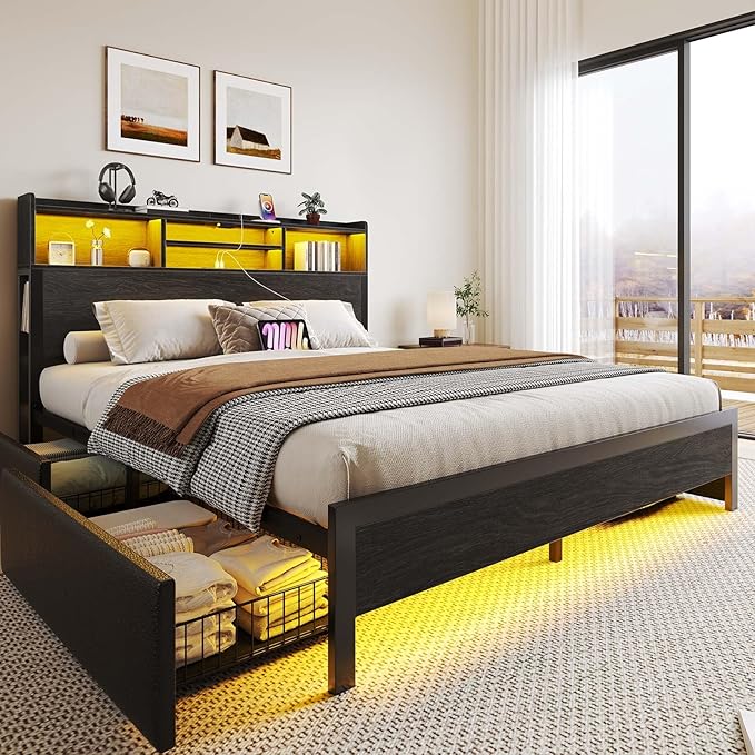Rolanstar Full Bed Frame with Storage Headboard & 4 Drawers, Metal Platform Bed with Charging Station, LED Single Bed with Side Shelf, No Box Spring Needed, Easy Assembly, Black