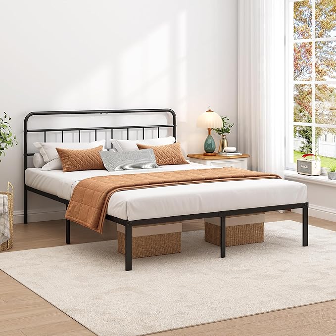 Queen Bed Frame with Classic Headboard,Strong Metal Slats Support,Under Bed Storage Space,No Box Spring Needed,Easy to Assemble,Black