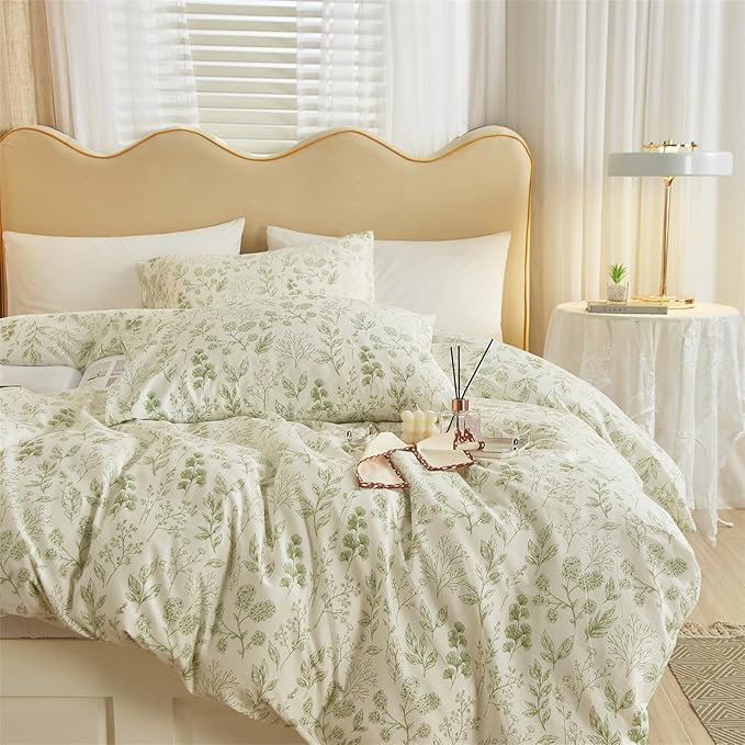 mixinni Girls Boho Green Floral Duvet Cover Set Twin XL Size Cotton Soft Aesthetic Cute Flowers Leaves Pattern Bedding Comforter Cover, 1 Queen Duvet Cover with 2 Pillowcases for All Seasons