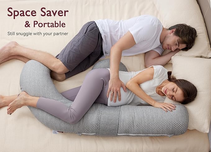 Momcozy Pregnancy Pillow,Original F Shaped Maternity Pillow for Pregnant Women with Adjustable Wedge Pillow, Full Body Support Pregnancy Pillows for Side Sleeping with Velvet Cover, Light Grey