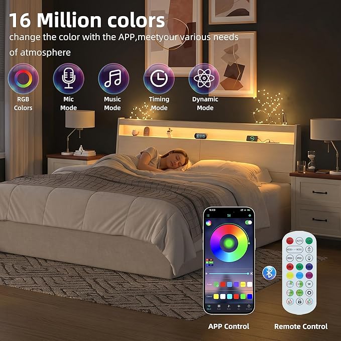 Wooden Headboard Only with Storage, Skirting Groove for Enhanced Stability, Built-in Power Outlet, 2 USB Ports & LED Light - Solid Wood Leg Sturdy Stable Bed Backboard (Ivory White, King)