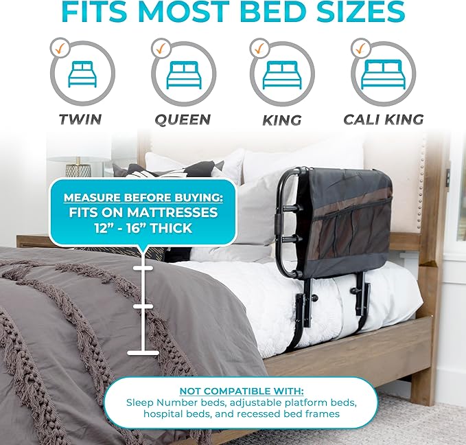 Stander EZ Adjust Bed Rail, Adjustable Senior Bedrail and Safety Assist Railing for Elderly Adults with Organizer Pouch, ASTM Safety Approved Guard-Rail, Black