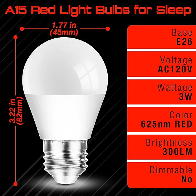 625nm Red Sleep Light Bulbs, 100% Blue Light Blocking, 3W Red LED Light Bulb 25w-40w Equivalent, A15 Red Night Lights for Bedroom Sleep,Baby Nursery,Porch,Holiday Christmas Lighting,Non-Dimmable,4Pack