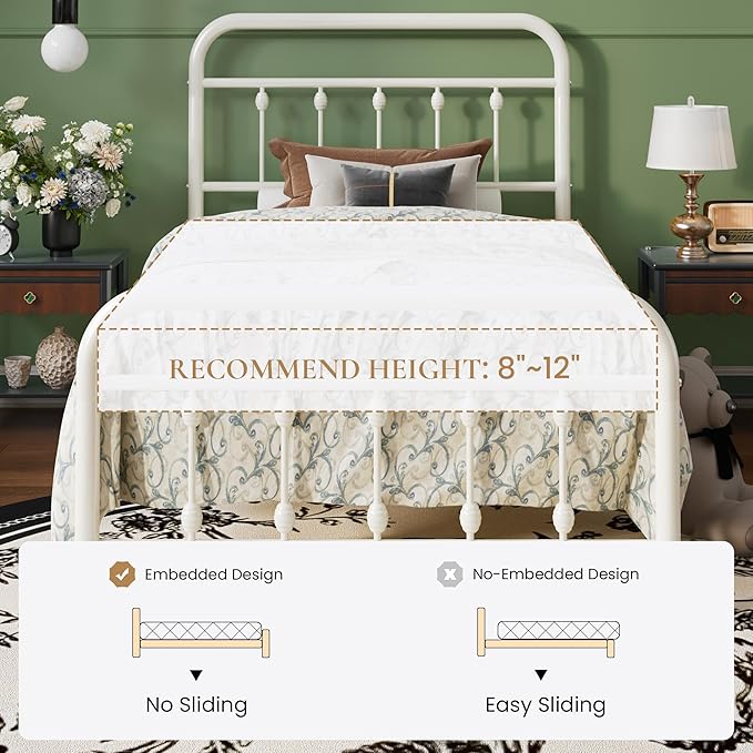 SHA CERLIN Twin Size Metal Platform Bed Frame with Victorian Style Iron-Art Headboard and Footboard, Easy Assembly, Under Bed Storage, No Box Spring Required, Off White