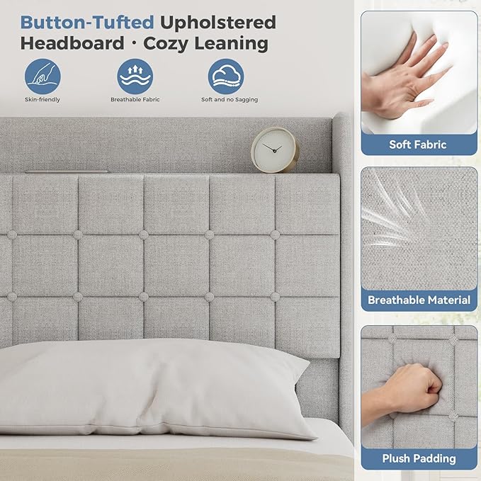 DUMOS Full Size Upholstered Platform Bed Frame, Full Bed with Storage Drawers and Fabric Headboard, Wooden Slats Support, 882 lbs Weight Capacity, No Box Spring Needed, Easy Assembly, Beige