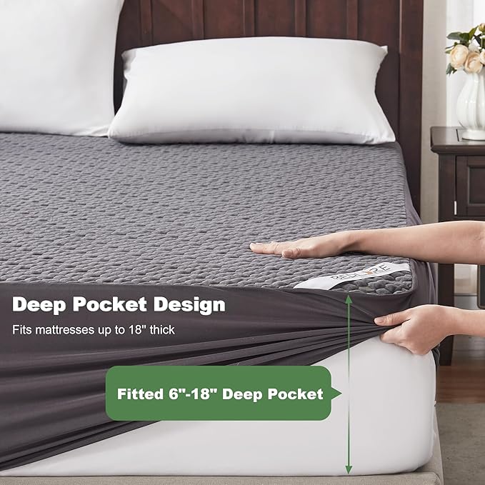 Waterproof Mattress Protector, King Size Mattress Pad Fitted 6"-18" Deep Pocket, 3D Air Fabric Breathable Bed Mattress Cover Noiseless Washable for Home, Bedroom, Hotel(Carbon Gray)