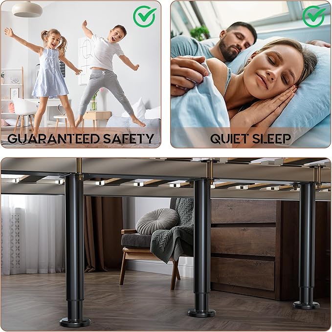 2Pcs Adjustable Height Bed Frame Support Leg, Extra Sturdy Steel Bed Frame Support Legs with Wider Rubber Base, More Stable/Quieter, Bed Slat Reinforcement Kit for King/Queen Bed (5"-8.6")