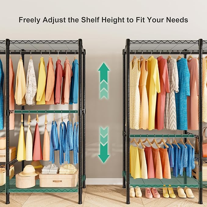 SEMHOR K01C Heavy Duty Clothes Rack with Grey Cover, Freestanding Portable Closet System with Shelves, Adjustable Carbon Steel Garment Rack, Black Clothing Racks for Hanging Clothes, 860LBS Max Load