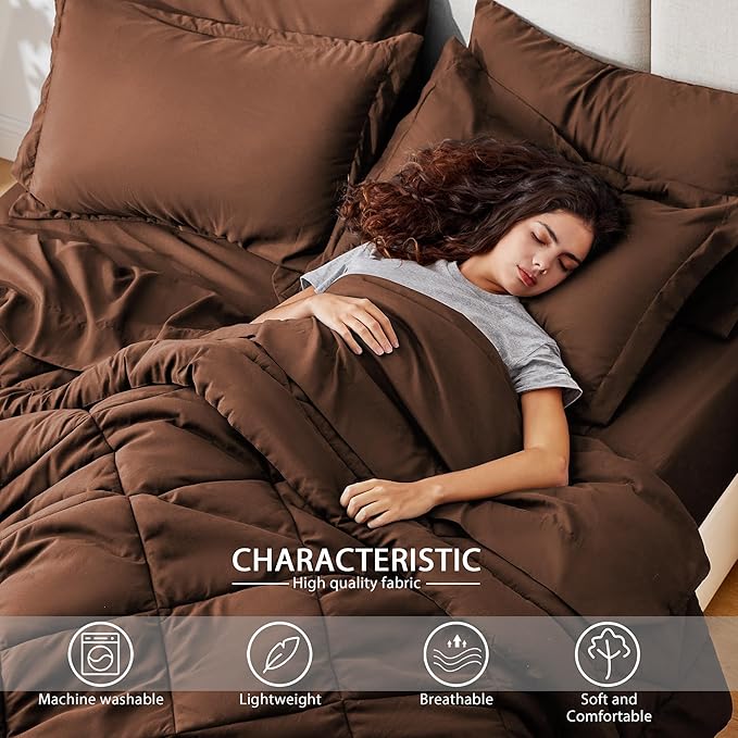 Love's cabin Queen Comforter Set Brown, 7 Pieces Queen Bed in a Bag, All Season Bedding Sets with 1 Comforter, 1 Flat Sheet, 1 Fitted Sheet, 2 Pillowcase and 2 Pillow Sham | Soft, Breathable, Lightweight, Comfortable