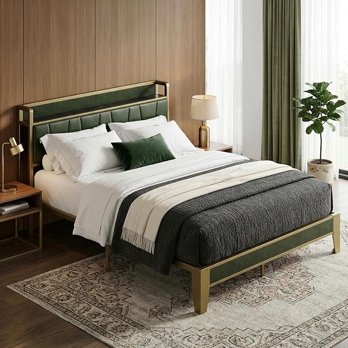 LIKIMIO Full Bed Frame, Storage Headboard with Charging Station, Solid and Stable, Noise Free, No Box Spring Needed, Easy Assembly (Dark Green)