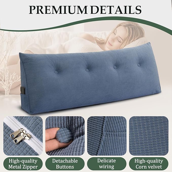 Huatean Home Soft Headboard Pillow Full Size, Wall Backrest Wedge Pillow Headboard Full, Reading Backboard Pillows, Large Dorm Daybed Bolster Pillows for Back Support with Removable Cover, Blue