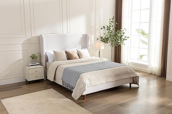 GDFStudio Tall Headboard Upholstered Bed,King Size Platform Bed Frame with Headboard Wingback,54" High No Box Spring Needed Easy Assembly Elegant Simplicity Textured Ivory Canvas