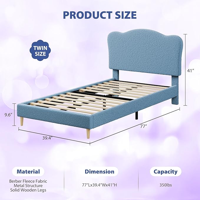GarveeHome Upholstered Twin Size Bed Frame for Kids with Scallop Headboard, Cute Velvet Twin Bed for Girls, Boys, Sturdy Platform Bed, No Box Spring Needed, Wooden Slats, Noise Free, Dark Blue